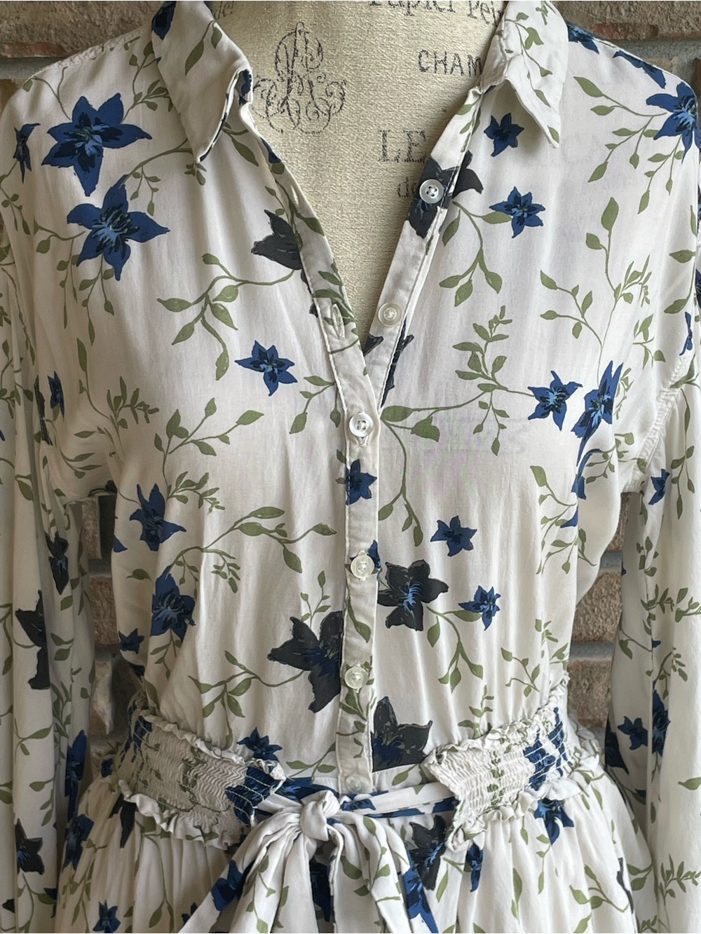 Free People Lighten Up White Long-Sleeve Shirt Dress with Blue Floral Print. - Picture 2 of 7